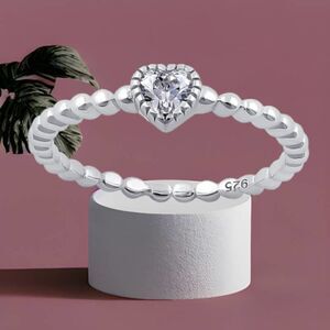 Sterling Silver Beaded Clear Heart CZ Ring 6,7